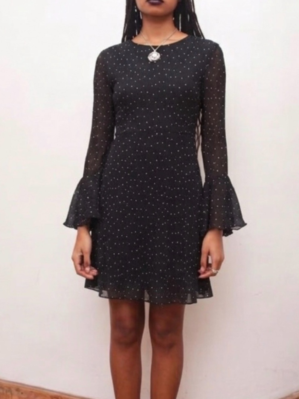 Hello Molly Polka Dot Bell Sleeve Romantic Whimsigoth Mini Dress in Black Size M